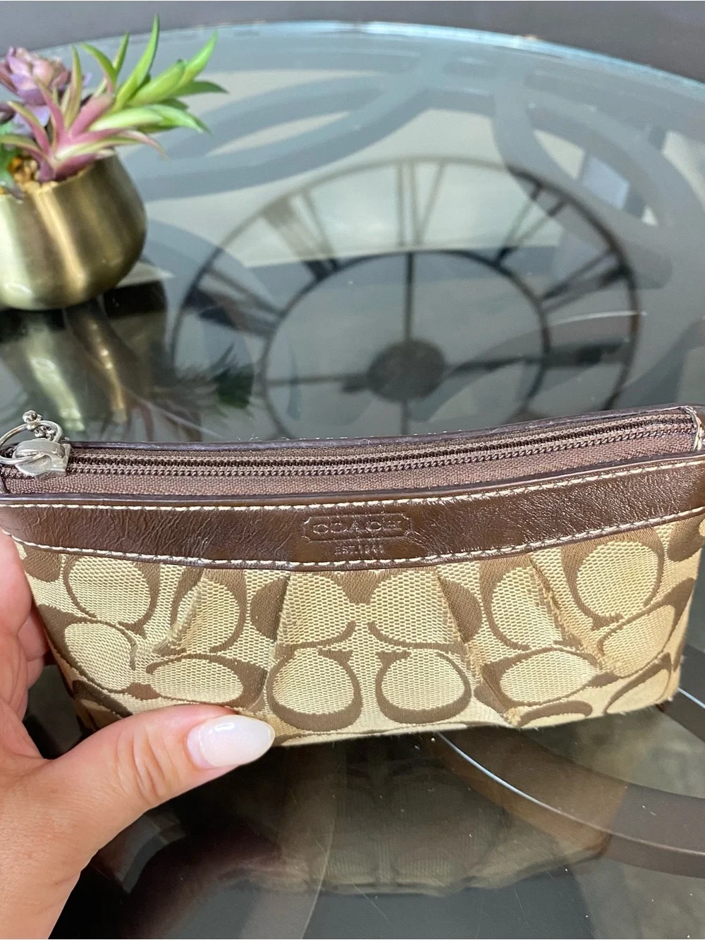 Coach Signature Pleated Wristlet Khaki Mahogany Canvas Leather Pouch F43434